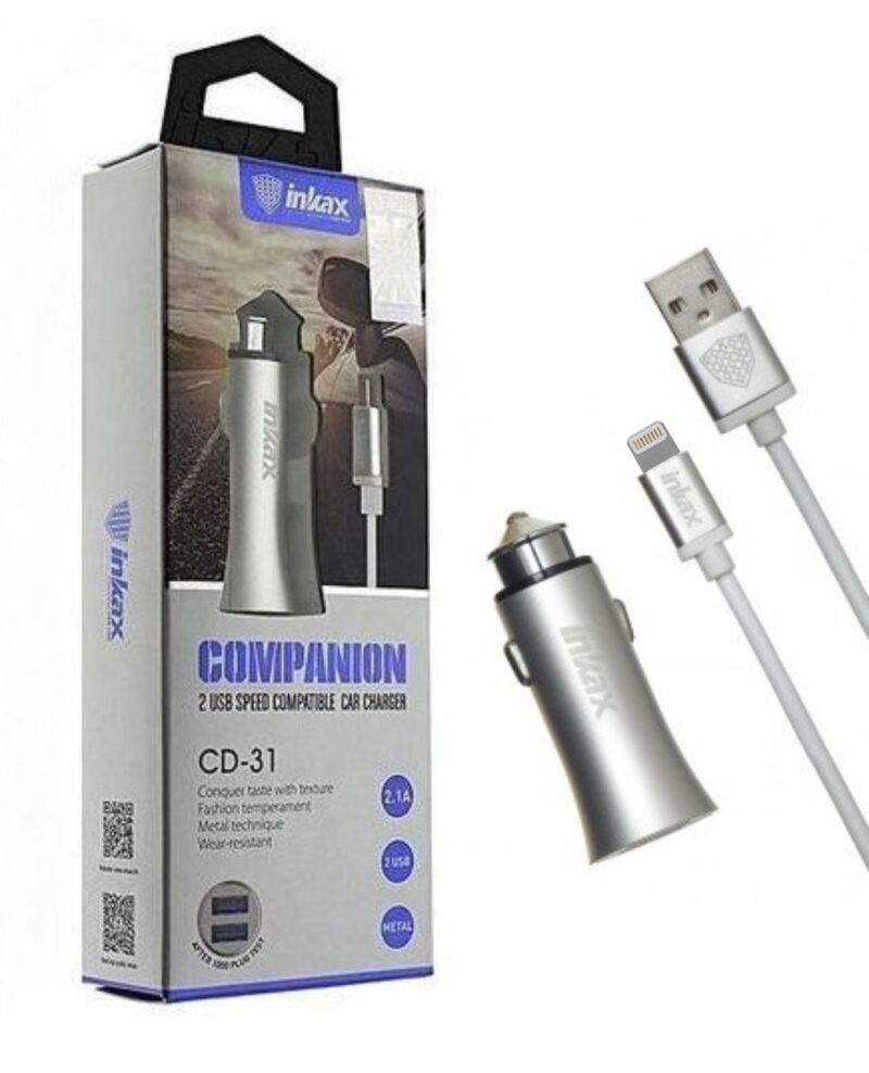 Cargador auto Dual Inkax silver c/Cable Iphone 2.1A