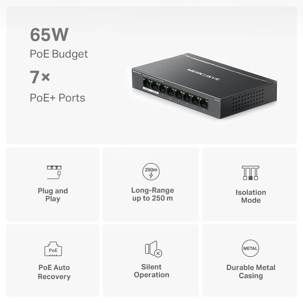 Switch MERCUSYS MS108GP | 8 Puertos Gigabit (7 Puertos PoE+ af/at)