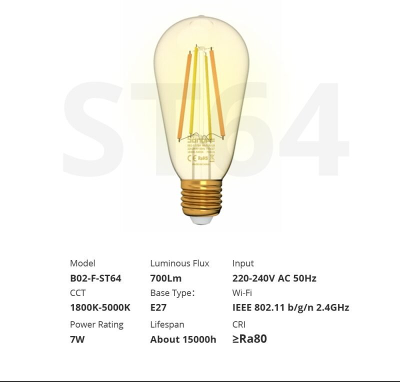 Lámpara LED Inteligente Sonoff B02-F-ST64 | Filamento, WiFi, Cálida y Fría, 7W - Imagen 8