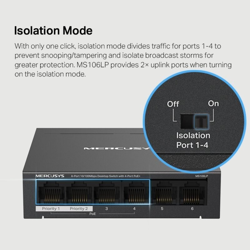 Switch MERCUSYS MS106LP-OEM | 6 Puertos RJ45 10/100 (4 Puertos PoE+ at/af) - Imagen 5