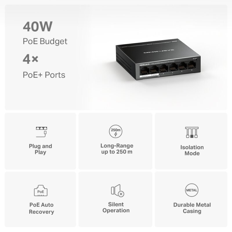 Switch MERCUSYS MS106LP-OEM | 6 Puertos RJ45 10/100 (4 Puertos PoE+ at/af) - Imagen 7