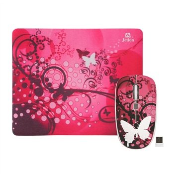 Combo Mouse + Mouse Pad JETION JT-DMS046 | Diseño Mariposa Rosado