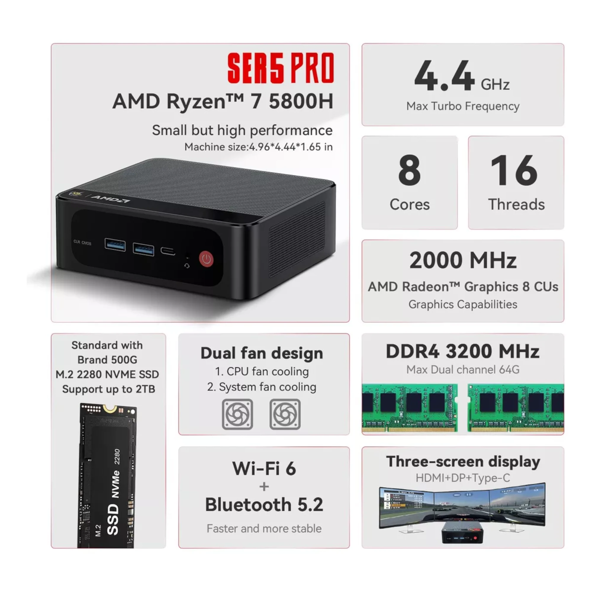 Mini Pc Beelink Ser5 Pro Ryzen 7 16gb 500gb Win11 Pro