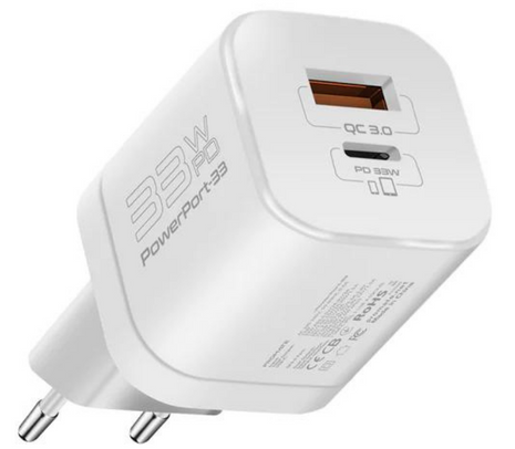 120257.jpg PROMATE POWERPORT-33.EU-WT CARGADOR PARED 33W USB-C/A QC3.0 - Imagen 1