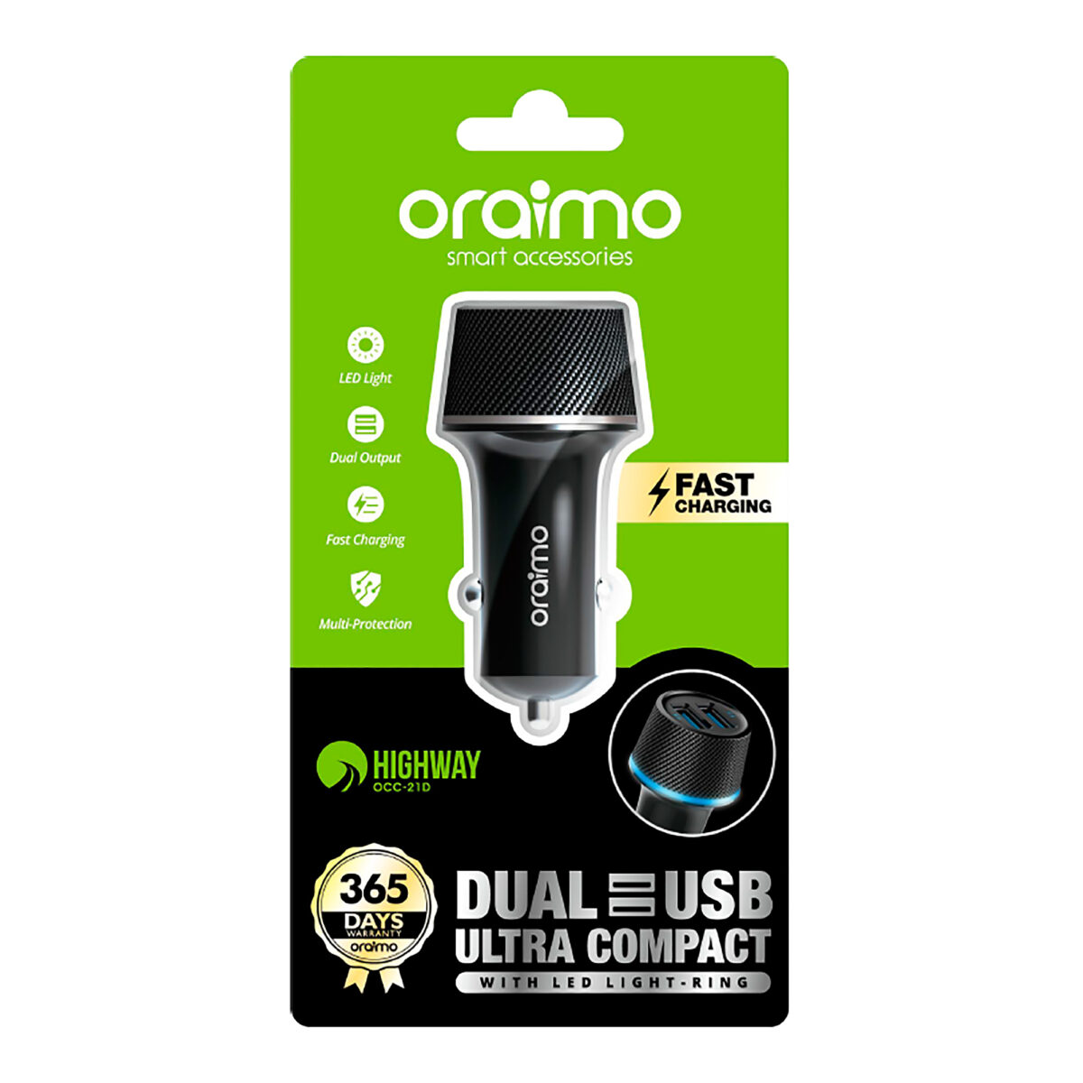Cargador De Auto Oraimo 2 Usb 2,1A Anillo Led - Imagen 3