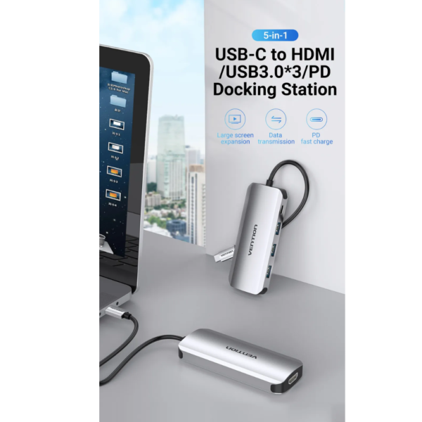 dlimgs.php_-1296.png Estación de Acoplamiento 5 en 1 USB-C a HDMI/USB 3.0x3/PD /Gris / 0.15M THFHB Vention