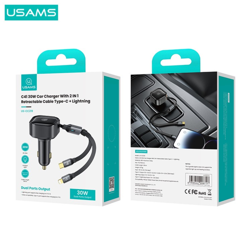 dlimgs.php_-1627.png Cargador Auto C41 2en1 30W Tipo C + Lightning Retráctil Negro CC219 USAMS - Imagen 1