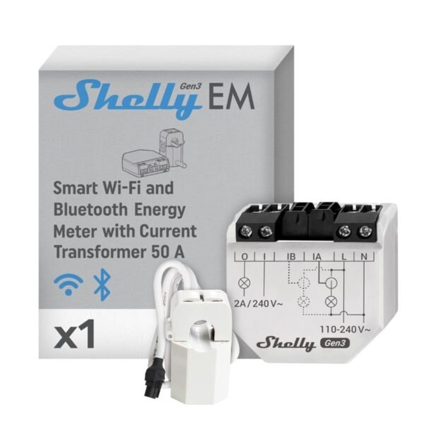 Shelly EM Gen3 1 x 50A CT included   Medidor Monofásico  Clip 50A  Wi-Fi