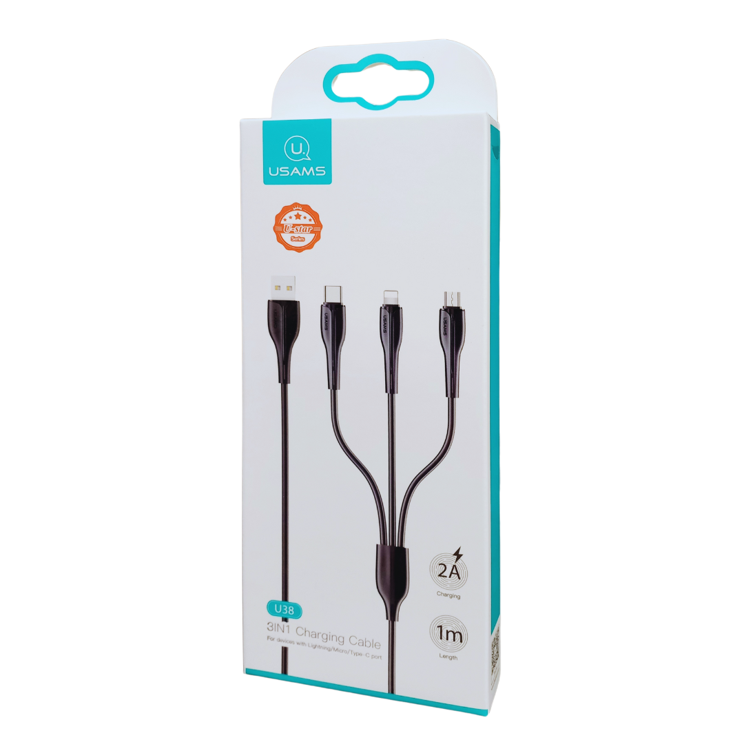 dlimgs.php_-2185.png Cable de Carga U38 3 en 1 66W USB microUSB / USB C / Lightning 1M Negro SJ374 USAMS - Imagen 1
