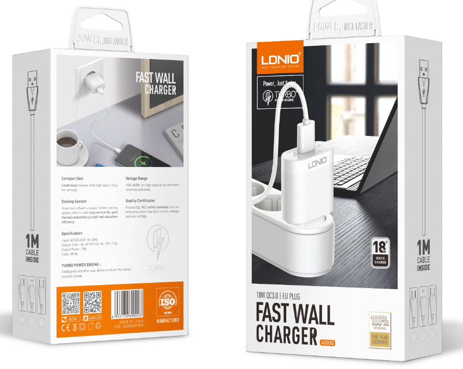 dlimgs.php_-2215.png Cargador Pared A303Q Tipo C 18W 1USB QC3.0 Carga Rápida Blanco LDNIO - Imagen 1