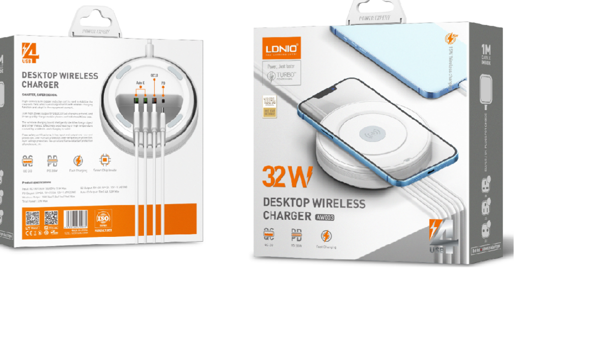 Cargador Inalámbrico de Escritorio AW003   32W  PD30W+ QC18W+2Auto-ID  Carga  Rápida  Blanco  LDNIO - Imagen 5
