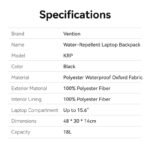 Mochila para Laptop Waterproof 15.16"  18L / 43x30x14 cm / Negro  KRPB0  Vention - Imagen 3
