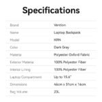 Mochila para Laptop Water-Repellent 15.16"   20L / 45x30x15 cm / Gris  KRNB0  Vention - Imagen 3