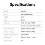 Mochila para Laptop Water-Repellent 15.16"   20L / 45x30x15 cm / Negro  KRMB0  Vention - Imagen 4
