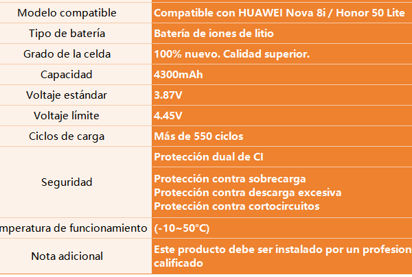 Batería para Huawei Nova 8i / Honor 50 Lite   4300mAh  HB466589EFW  ORYRO