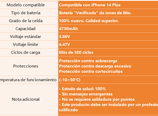 Batería para Apple iPhone 14 Plus   4730mAh  Autoprogramable / Alta Capacidad  ORYRO