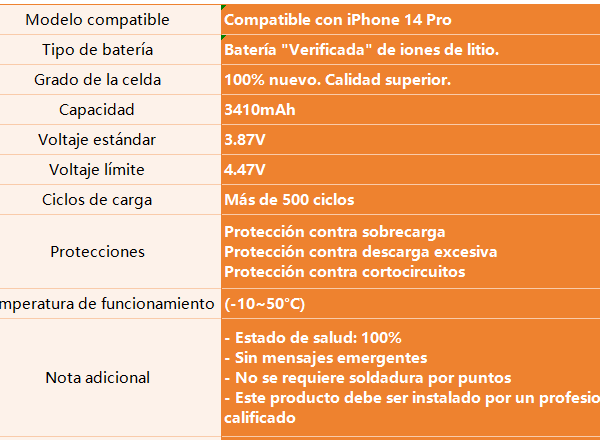 Batería para Apple iPhone 14 Pro   3410mAh  Autoprogramable  / Alta Capacidad  ORYRO
