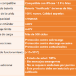 Batería para Apple iPhone 13 Pro Max   4790mAh  Autoprogramable / Alta Capacidad  ORYRO