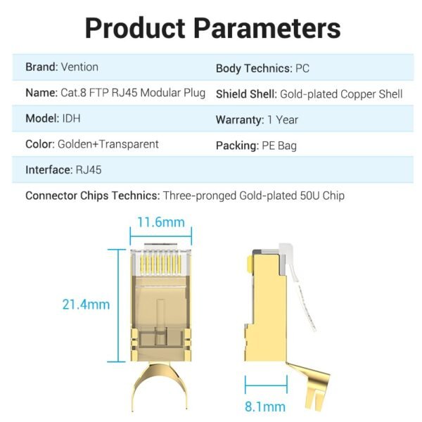 dlimgs.php_-4672.jpg Plug RJ45 Blindado Cat.8 FTP / 2 Unidades / Dorado IDHR0-2 Vention