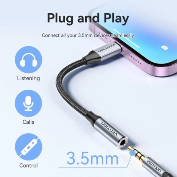 Adaptador de Audio USB-C a 3.5mm   Macho/Hembra / 0.1M / Gris  BGJHA  Vention