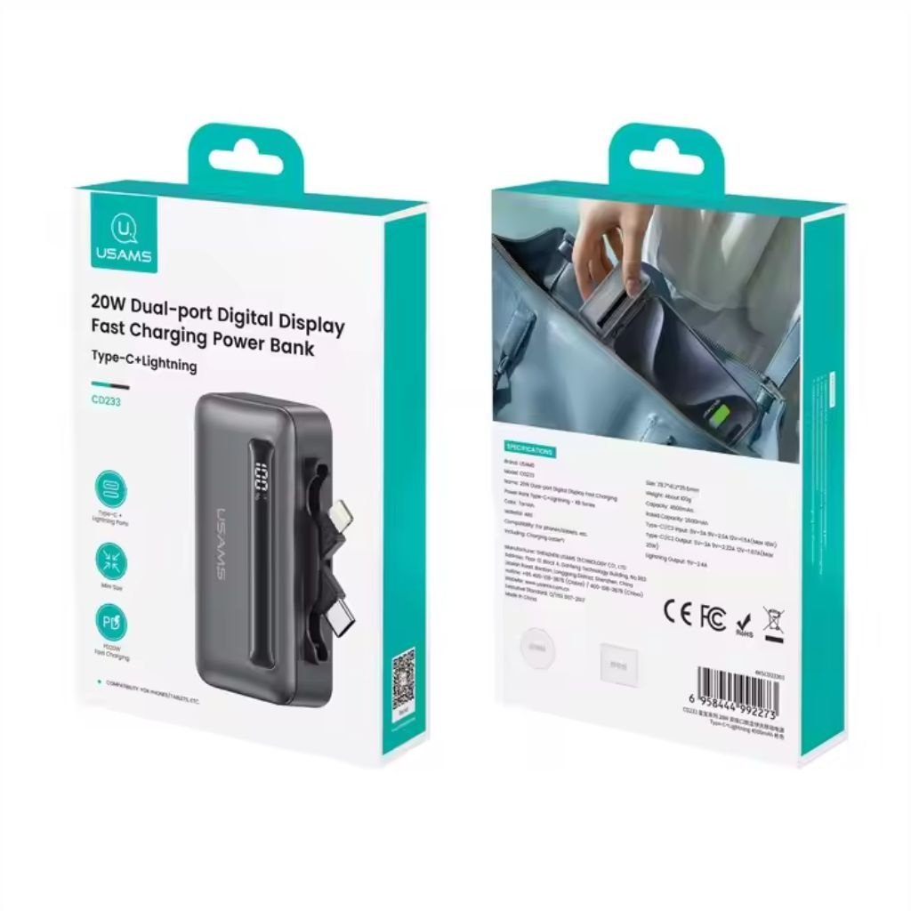 dlimgs.php_-5307.jpg Power Bank c/Pantalla Digital 4.500mAh 20W Cable Tipo C + Lightning Gris CD233 USAMS - Imagen 1