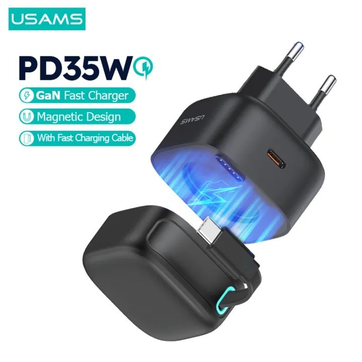 dlimgs.php_-6811.jpg Cargador Pared C/Cable Telescópico Tipo C Magnético PD 35W Doble Puerto GaN Negro CC202 USAMS - Imagen 1