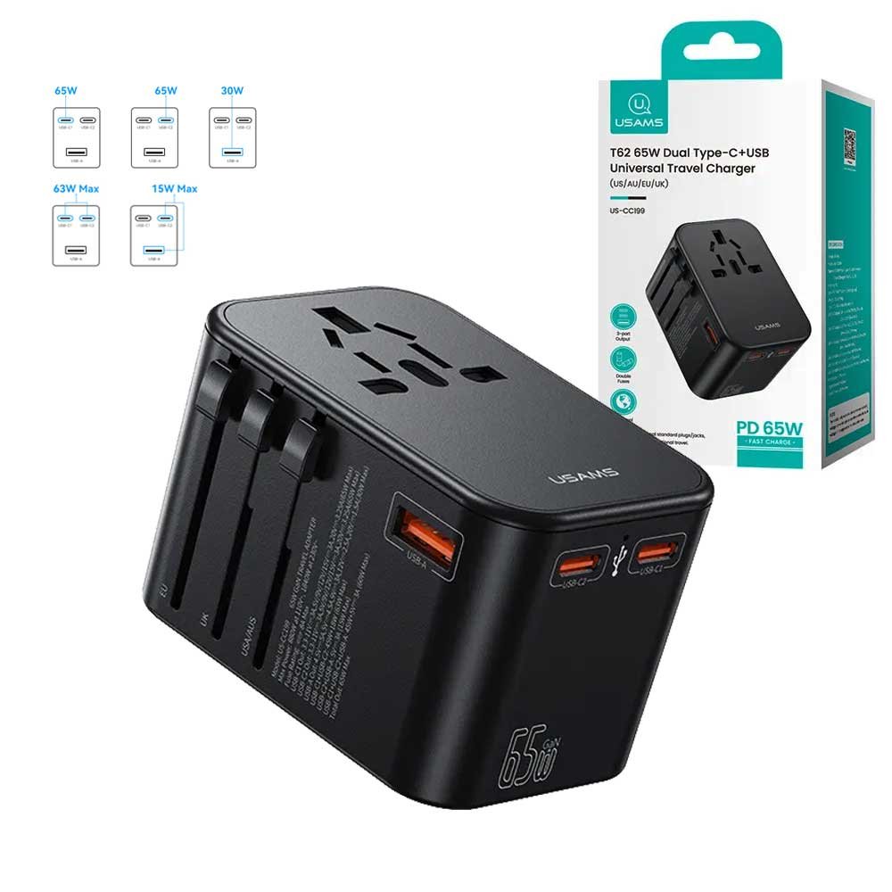 dlimgs.php_-7336.jpg Cargador de viaje T62 65W 2 USB C + USB Negro CC199 USAMS - Imagen 1