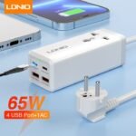 Cargador de Escritorio SC1418   65W  Dual QC3.0+Dual USB C PD  Carga Rápida Cable 2M Blanco  LDNIO