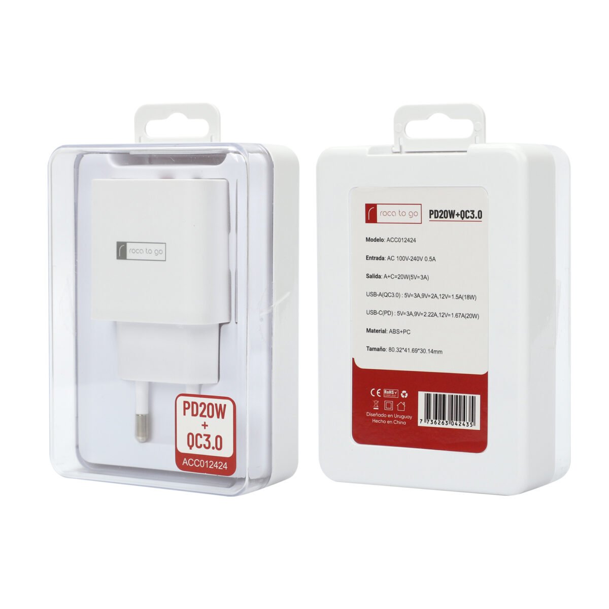 Cargador Rápido ROCA TO GO 20W+QC3.0   USB A QC3.0  USB C PD  Sin Cable - Imagen 3