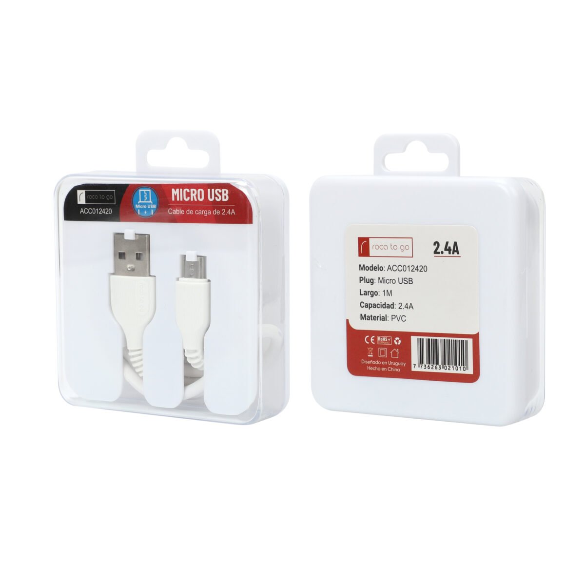 Cable de Datos ROCA TO GO   USB A a microUSB  100cm  2.4A  Blanco - Imagen 3