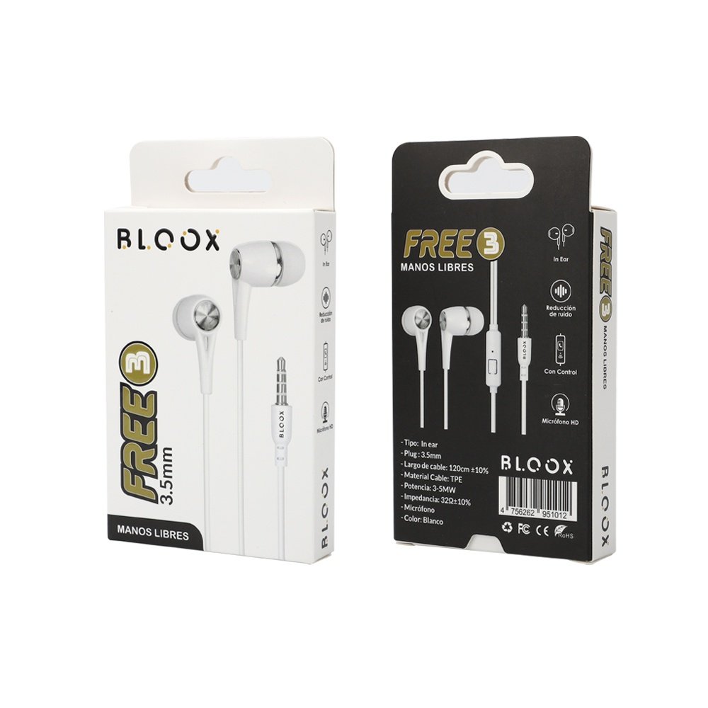 dlimgs.php_-8693.jpg Manos Libres Stereo BLOOX Free3 3 5mm Blanco (Intrauditivo) Universal - Imagen 1