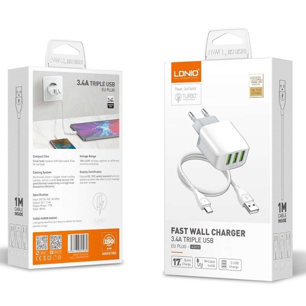 dlimgs.php_-9559.jpg Cargador Pared A3312 Micro USB 2.4A 3 USB Blanco LDNIO - Imagen 1