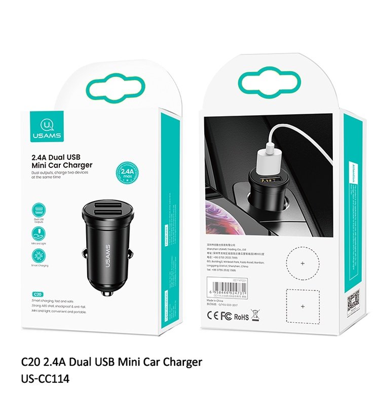 dlimgs.php_-9751.jpg Cargador Auto Mini C20 2 USB/2 4A Negro CC114 USAMS - Imagen 1