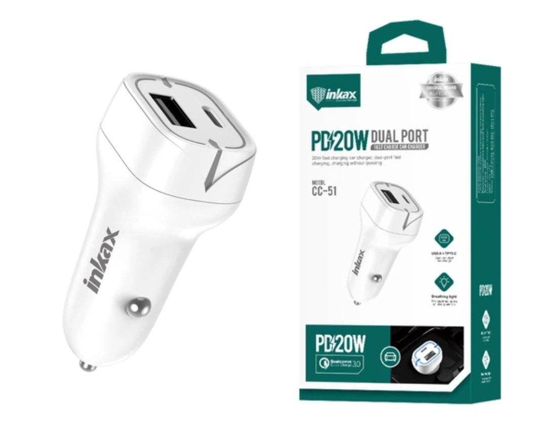 6aebcfc95fd8b59c0a9d40d4432711be.jpg Cargador auto Inkax USB-A+C 3A 20W blanco - Imagen 1
