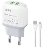 Cargador Pared A2218   Micro USB  2.4A  2 USB  Blanco  LDNIO