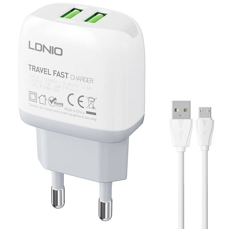 dlimgs.php_-1993.jpg Cargador Pared A2218 Micro USB 2.4A 2 USB Blanco LDNIO - Imagen 1