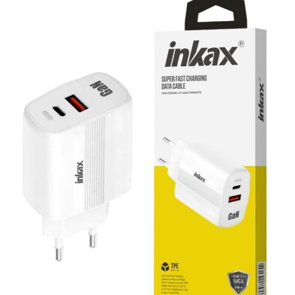 Cargador Inkax USB-A+USB-C GaN 45W Carga Rápida Blanco
