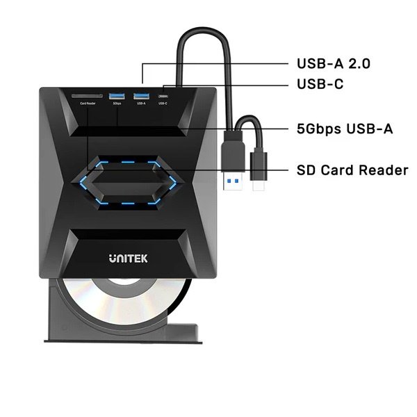 cdr-788b9b7d40244a3750954db674a81ca3 Grabadora CD/DVD Externa Unitek T1037A HUB USB 5 en 1 5Gbps - Imagen 1