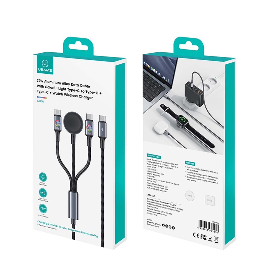 mancru-113260-c0e128a9cc8eb9de9f8f2a7b087433c5 Cable de Datos USB C + USB C a USB C + Cargador Inalámbrico p/smartwatch 72W Negro SJ754 USAMS - Imagen 1