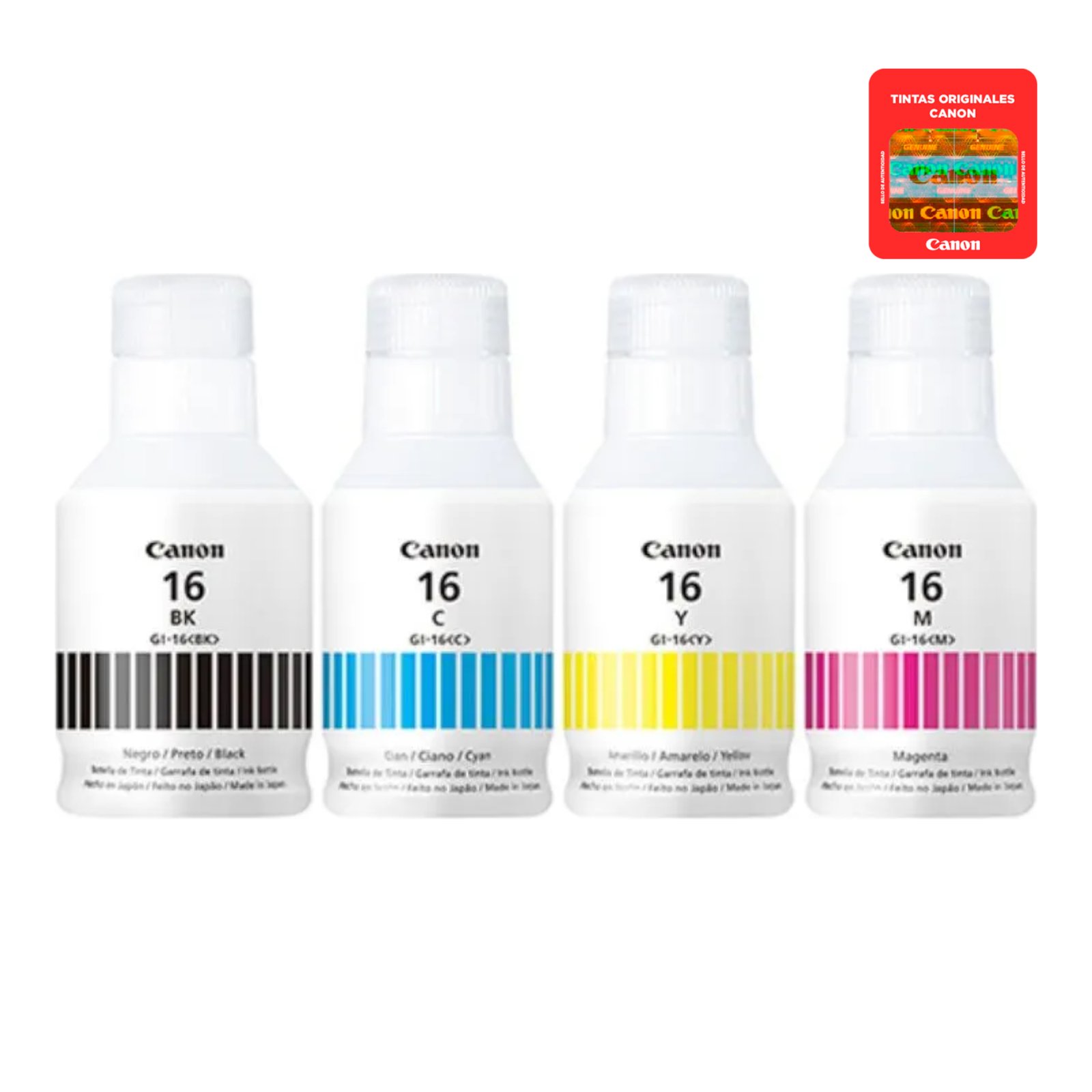 4418C004AA-01.jpg Pack 4 Botellas de Tinta Canon Negro Cian Magenta Amarillo G-16 - Imagen 1