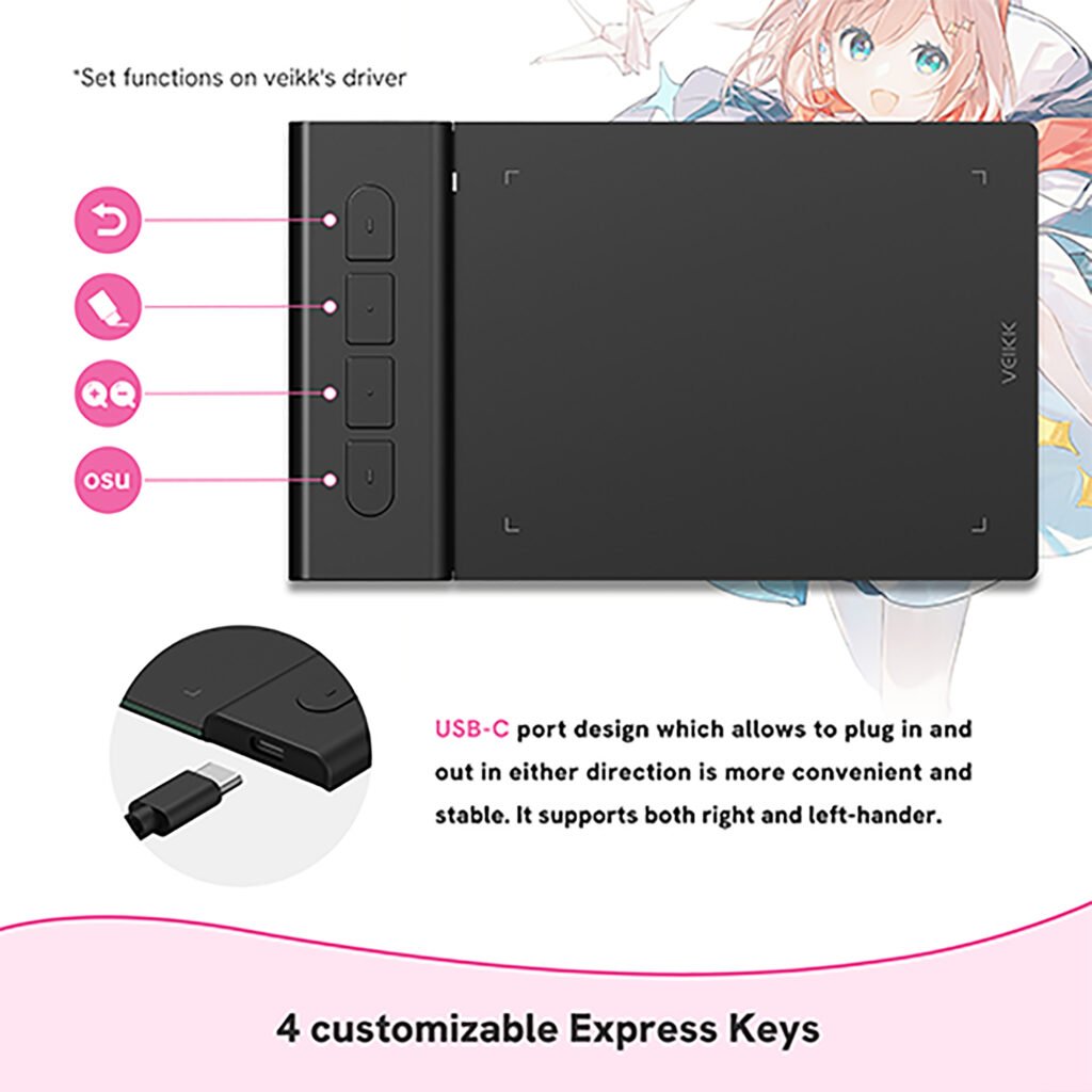 tableta digitalizadora Veikk VK430 — Controles personalizables y conexión USB C