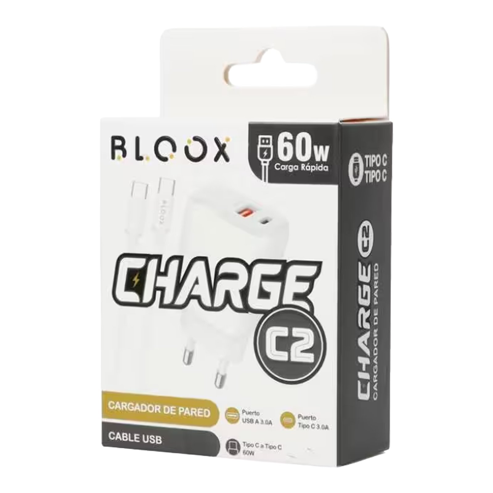 BLOCHARGEC2WT_02.jpg Cargador De Pared 1 Usb A / 1 Usb C Bloox Cable 60W - Imagen 1