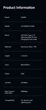Cable de Datos U63   USB C a Lightning  20W/PD  1.2M  Blanco  SJ484  USAMS - Imagen 3